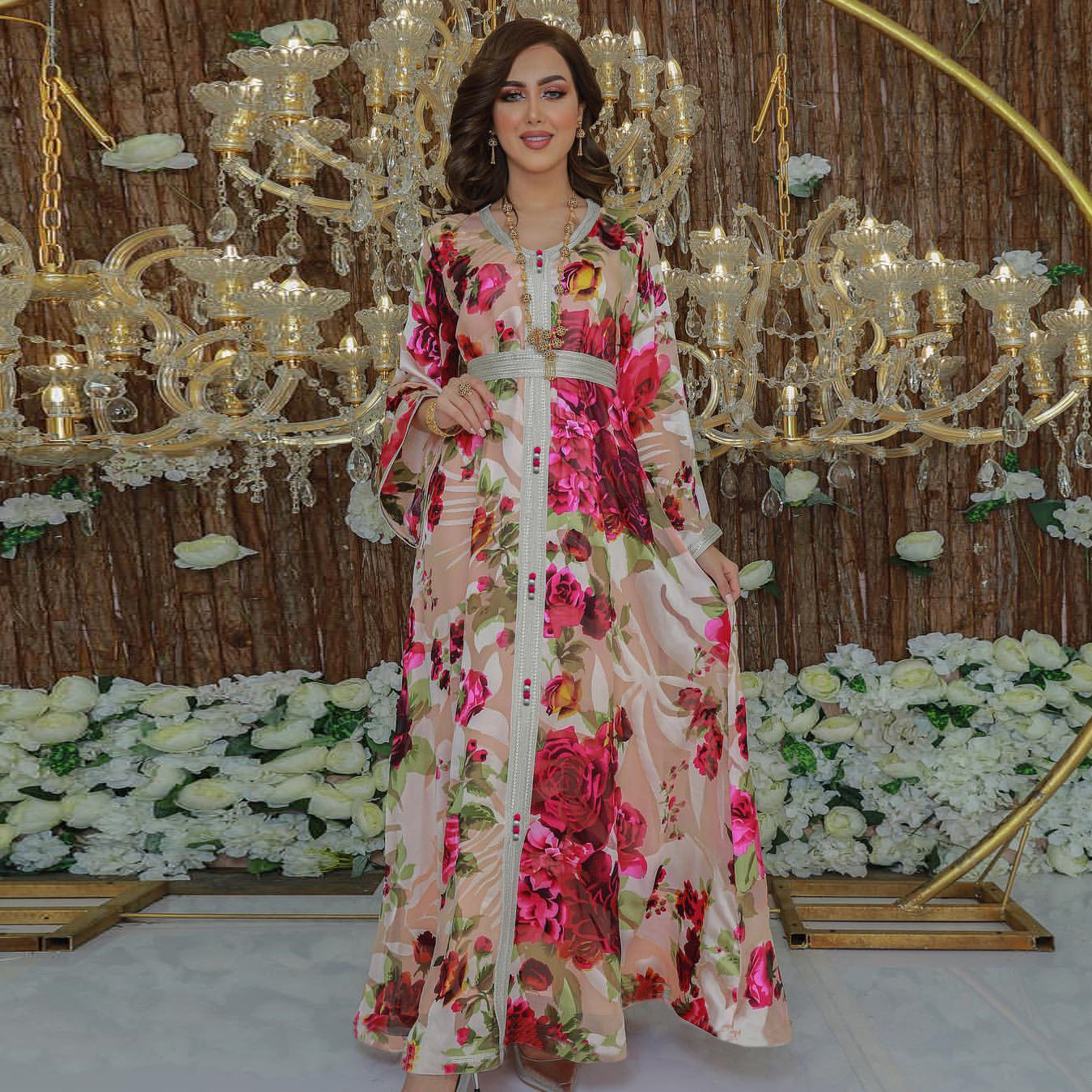 BamBam Women Muslim Pink Floral Print Belt Dress - BamBam