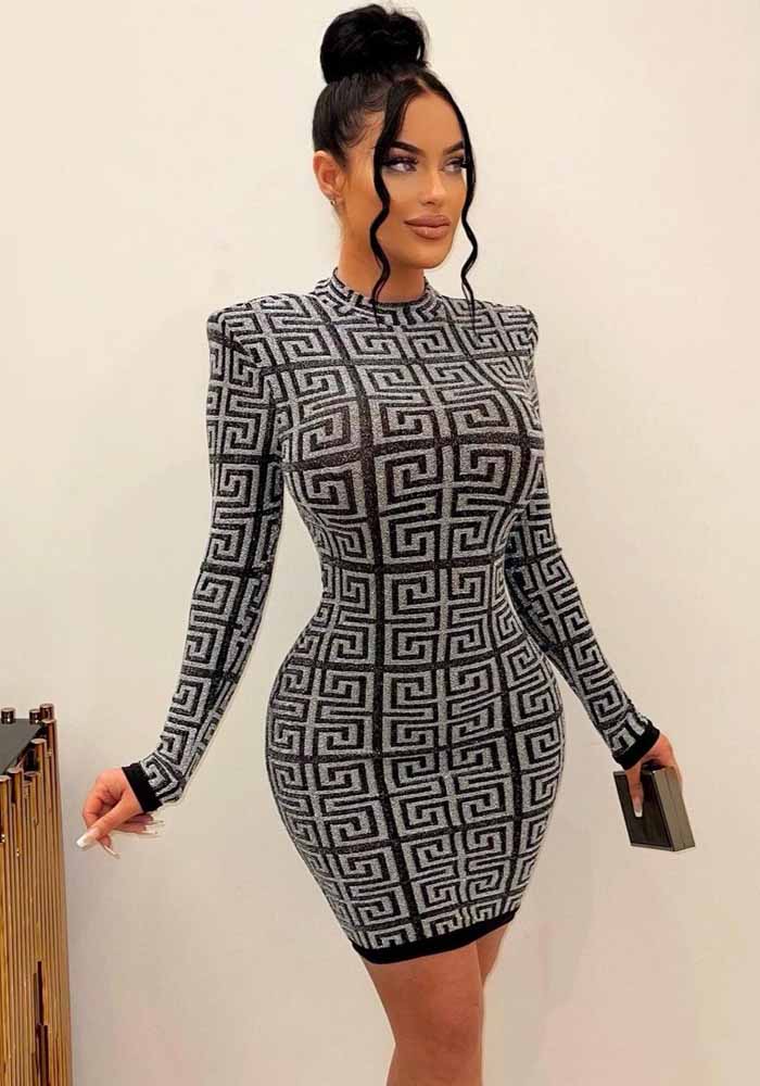 Womens Long Sleeve Printed Bodycon Dress