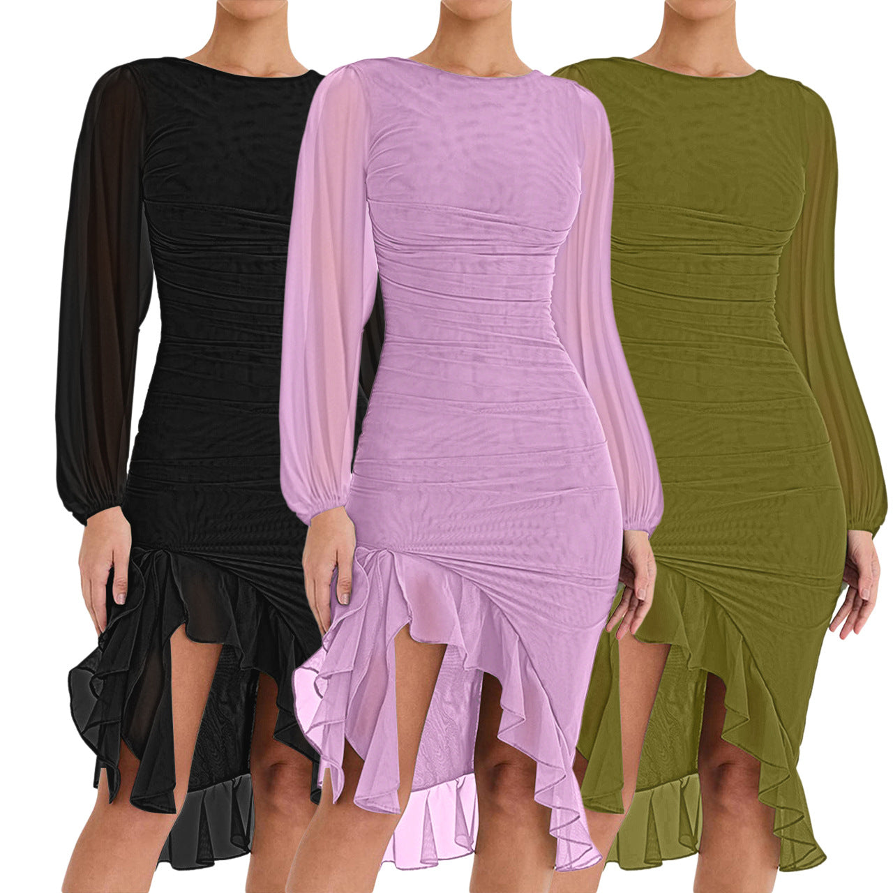 BamBam Women Long Sleeve Mesh See-Through Clipped Ruffle Dress - BamBam Clothing