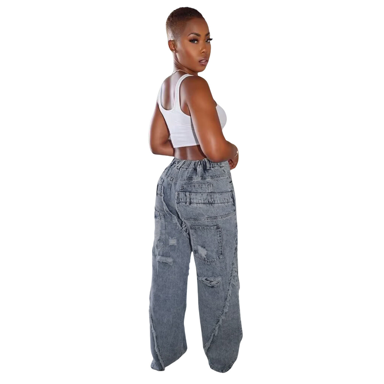 BamBam Women Ripped Casual Denim Straight Pants - BamBam