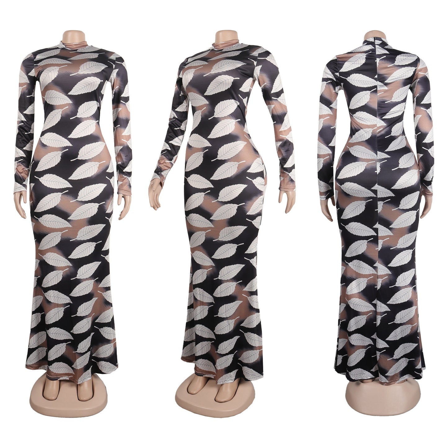 BamBam Sexy Printed Stretch Round Neck Long Sleeve Bodycon Tight Fitting Mermaid Long Dress - BamBam