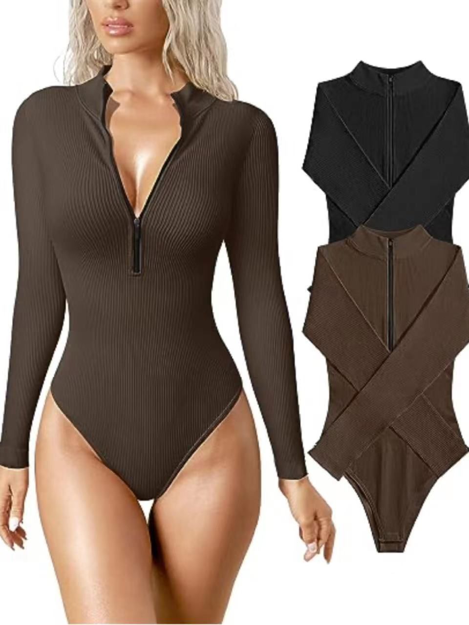 BamBam Long-Sleeved One-Piece Sexy Rib Front Zipper Bodysuit Top - BamBam