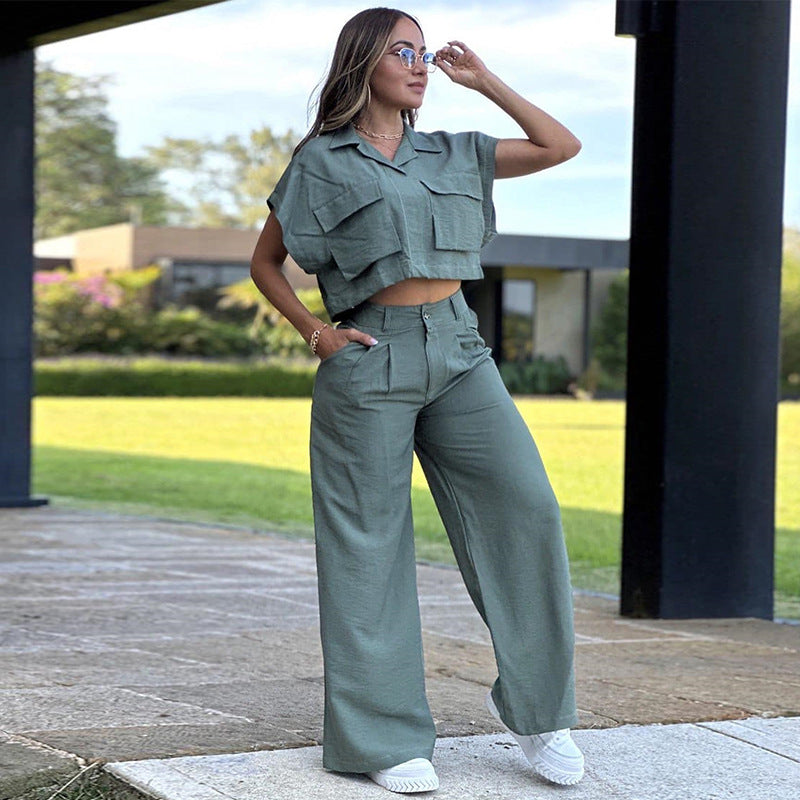 BamBam Women's Autumn Fashion Turndown Collar Pocket Short Sleeve Shirt Wide Leg Pants Casual Two Piece Set - BamBam