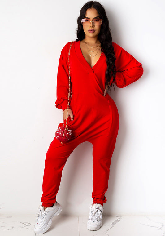 Women Loose Casual Solid Sexy Deep V Neck Jumpsuit