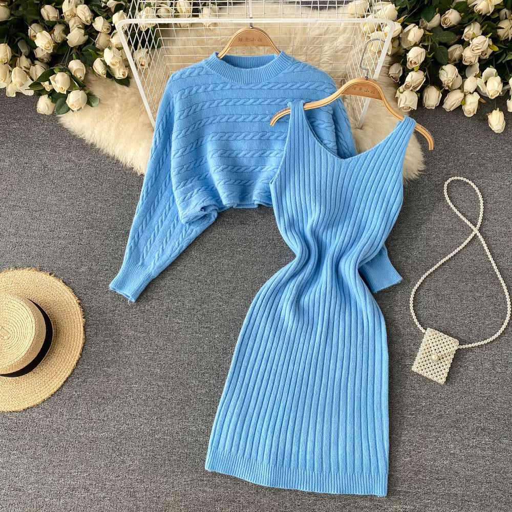 BamBam Women French sexy Bodycon Strap Dress +and loose knitting sweater two-piece set - BamBam