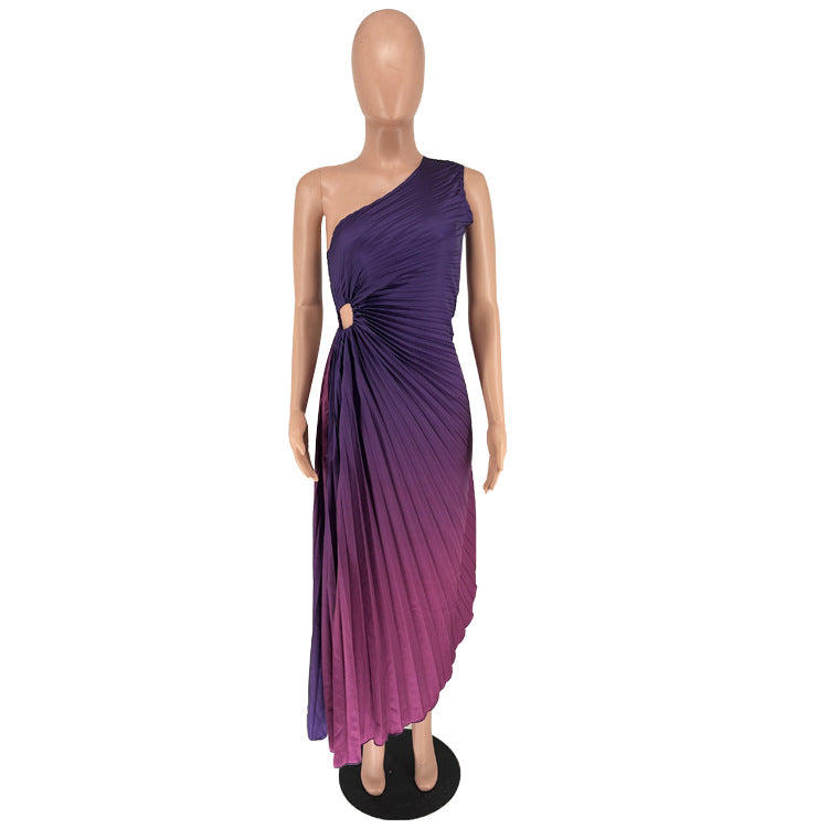 BamBam Women's Fashion Gradient Printed One Shoulder Pleated Maxi Dress - BamBam