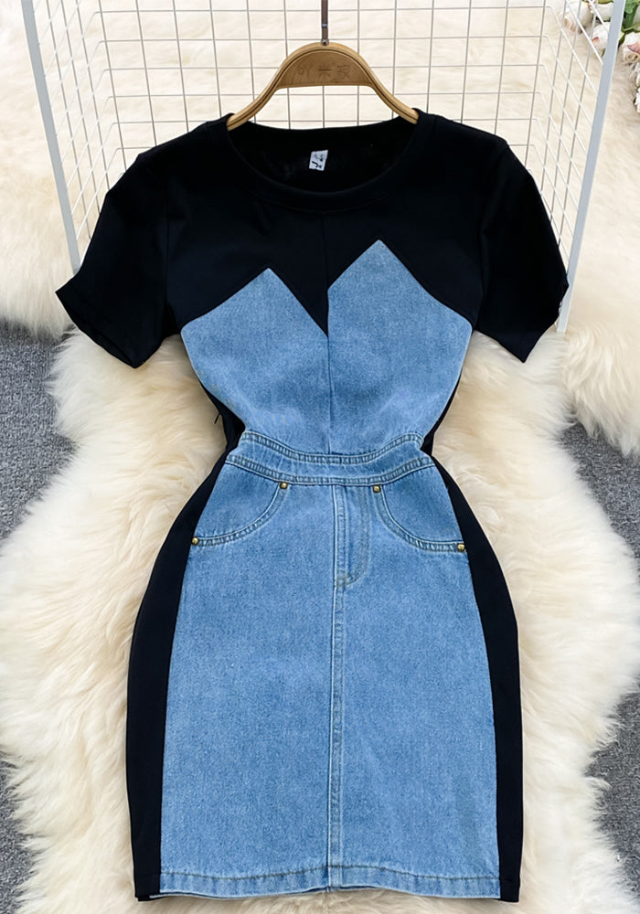 Women Round Neck Short Sleeve Denim Bodycon Dress