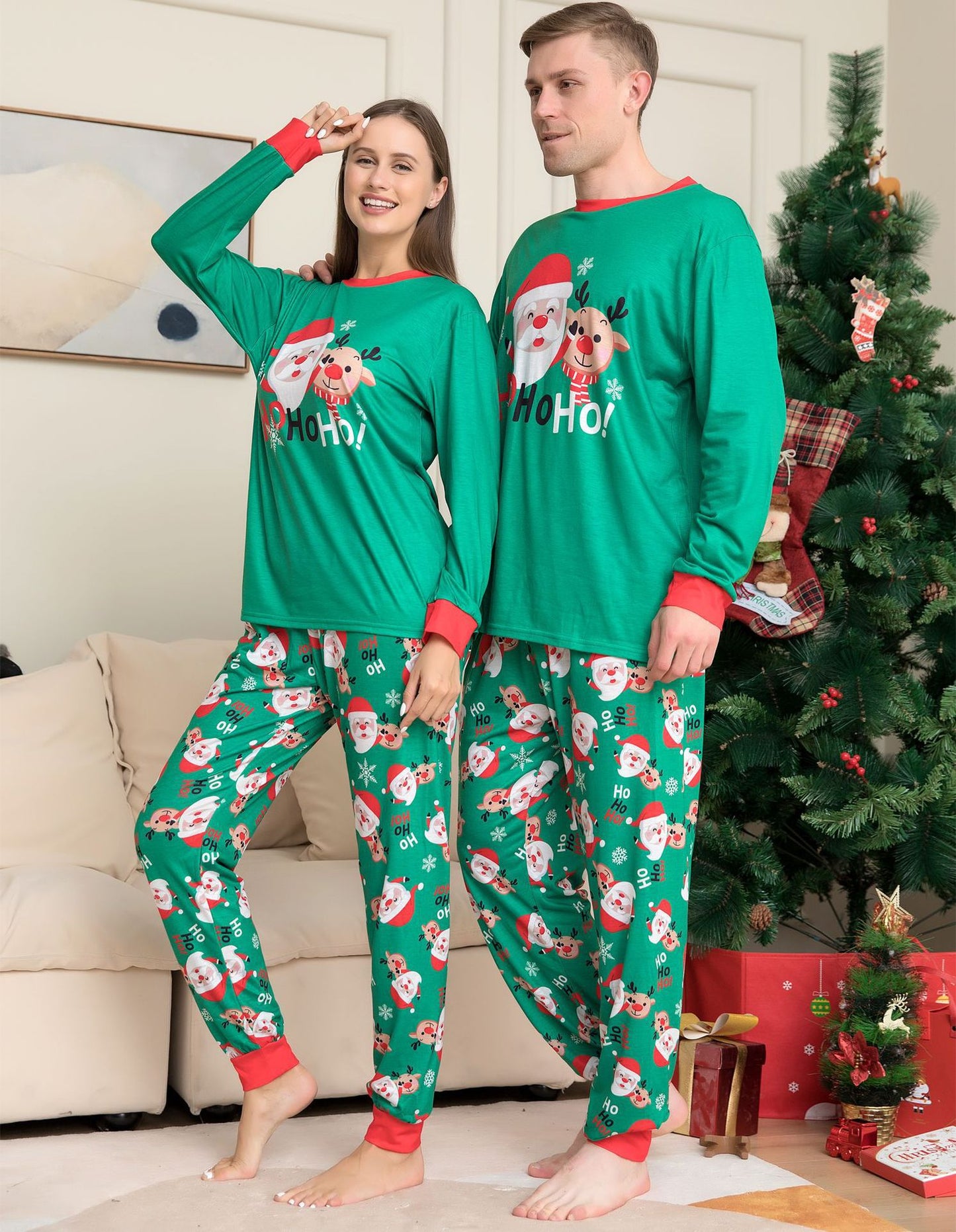 BamBam Christmas Family Wear Santa Print Printed Home Clothes Pajama Two-piece Set - BamBam