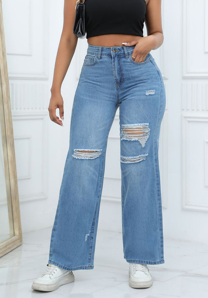 Straight-Leg Jeans Chic Washed Ripped Wide-Leg Denim Pants For Women