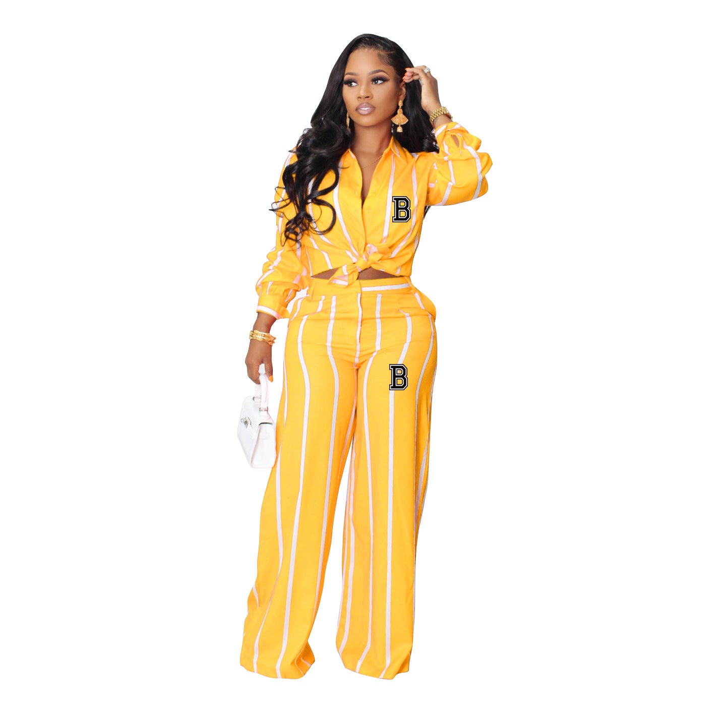 BamBam Women's Printed Striped Long-Sleeved Shirt Loose Straight Pants Set Two-Piece Set - BamBam Clothing