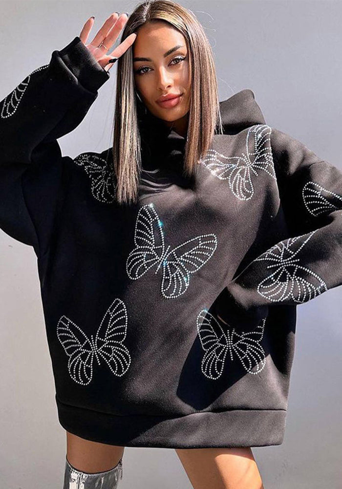 Women Autumn and Winter Butterfly Beaded Casual Loose Hoodies