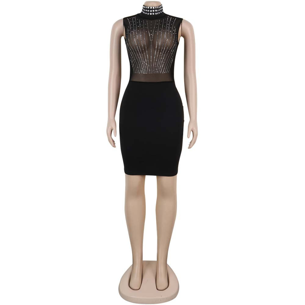 BamBam Women Sexy Beaded See-Through Turtleneck Dress - BamBam Clothing Clothing