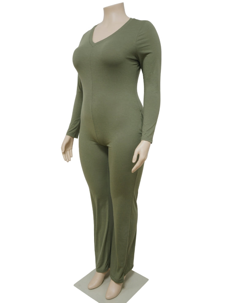 BamBam Spring Plus Size Casual Green V Neck Pockets Long Sleeve Jumpsuit - BamBam Clothing