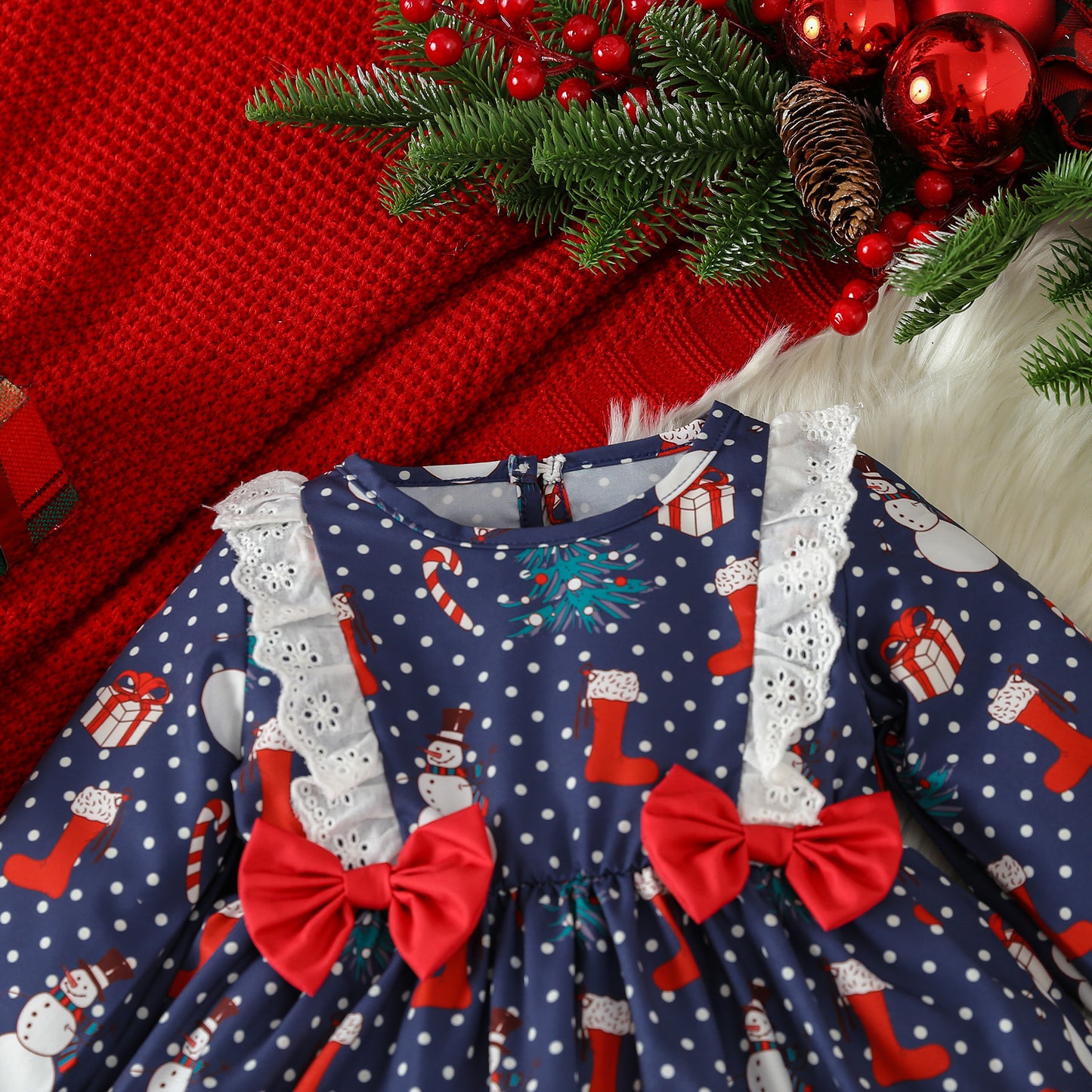 BamBam Christmas Girl autumn long-sleeved polka dot cartoon Santa Claus print dress - BamBam