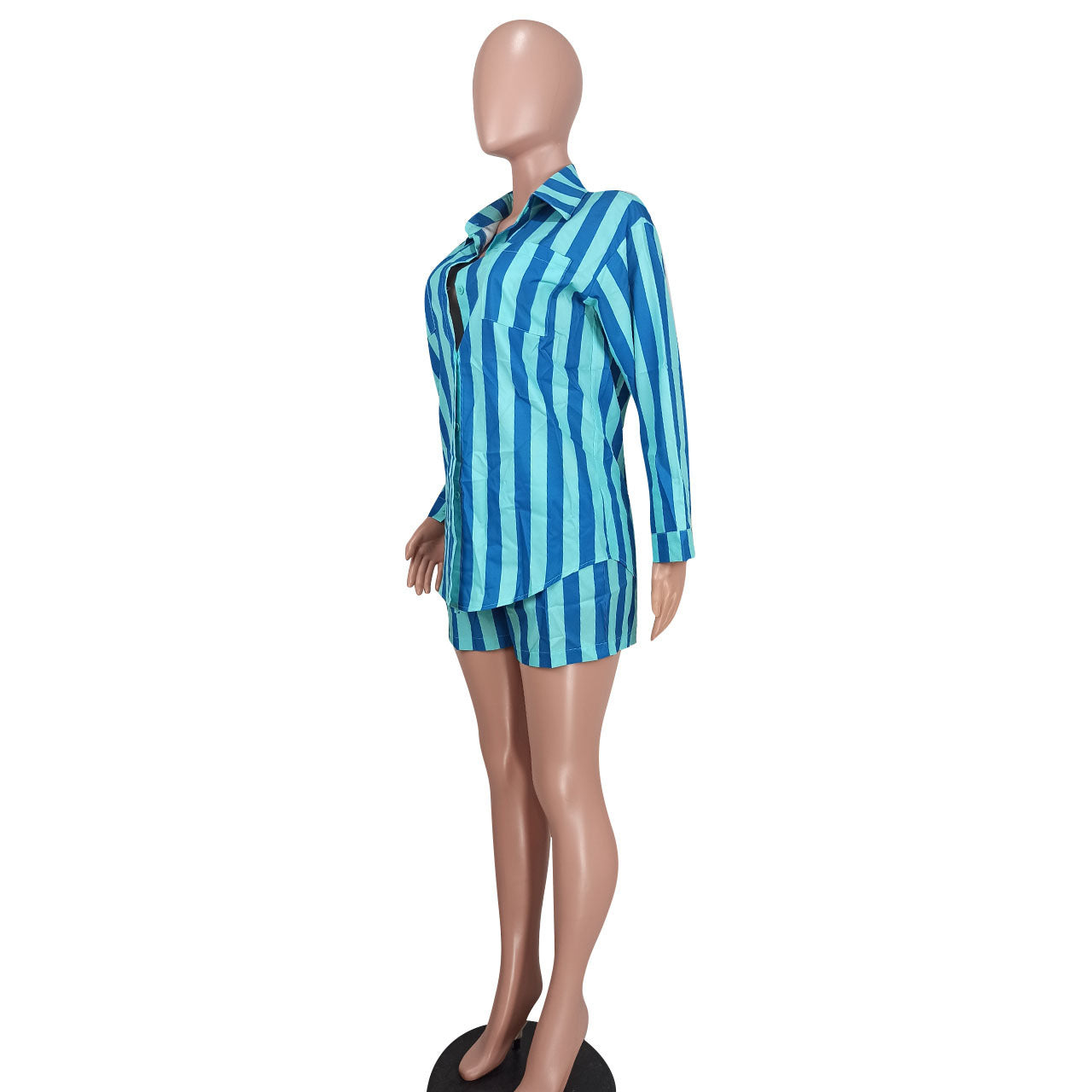 BamBam Women Casual striped shirt and Lace-Up shorts two-piece set - BamBam