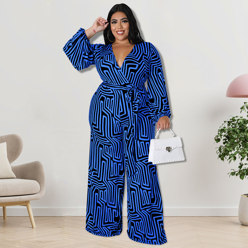 BamBam Plus Size Women'S Print Long Sleeve Wrap Wide Leg Jumpsuit - BamBam Clothing