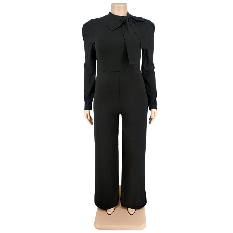 BamBam Plus Size Women Solid Color Bow Long Sleeve Jumpsuit - BamBam Clothing