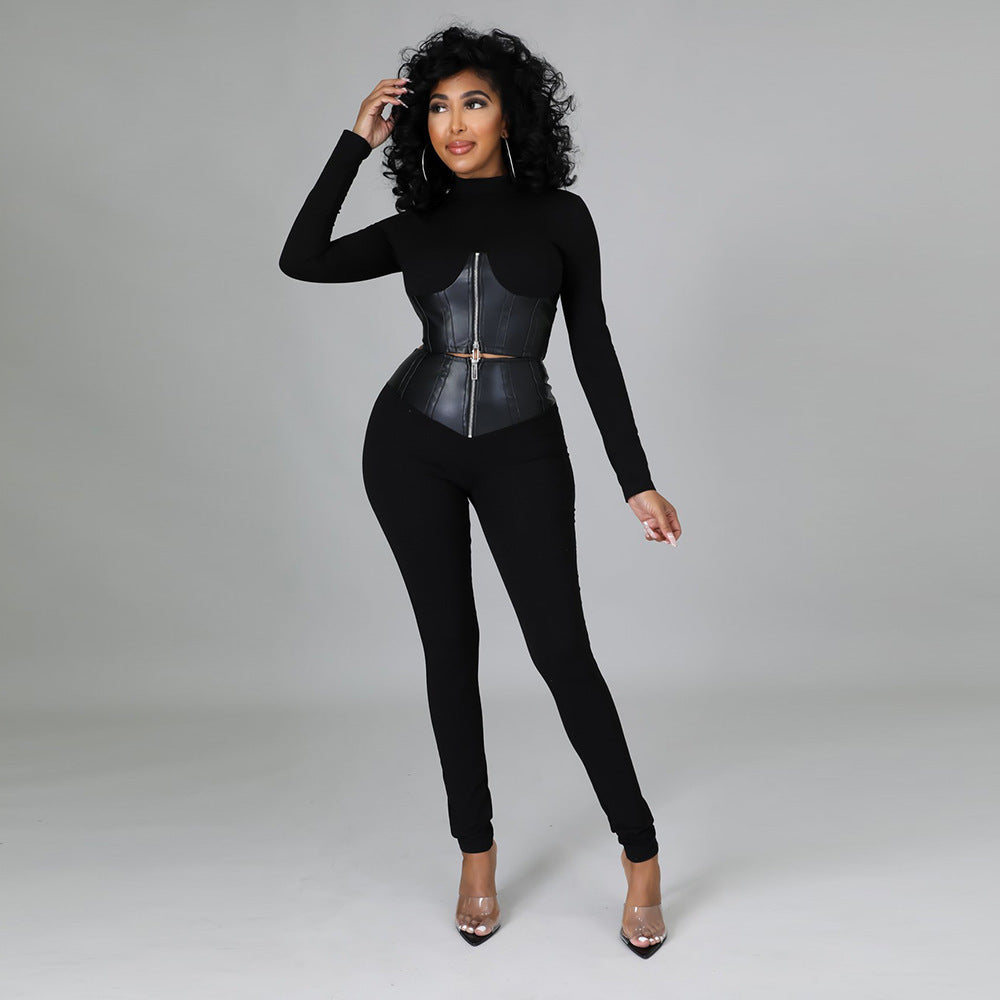 BamBam Women Fashion PU-Leather Patchwork Long Sleeve Solid Top and Pant Two-piece Set - BamBam