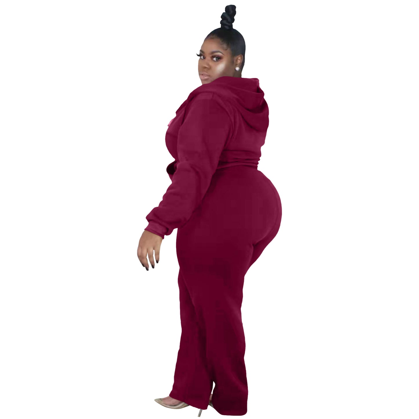 BamBam Plus Size Women's Fashion Casual Solid Color Autumn And Winter Hooded Two Piece Tracksuit - BamBam