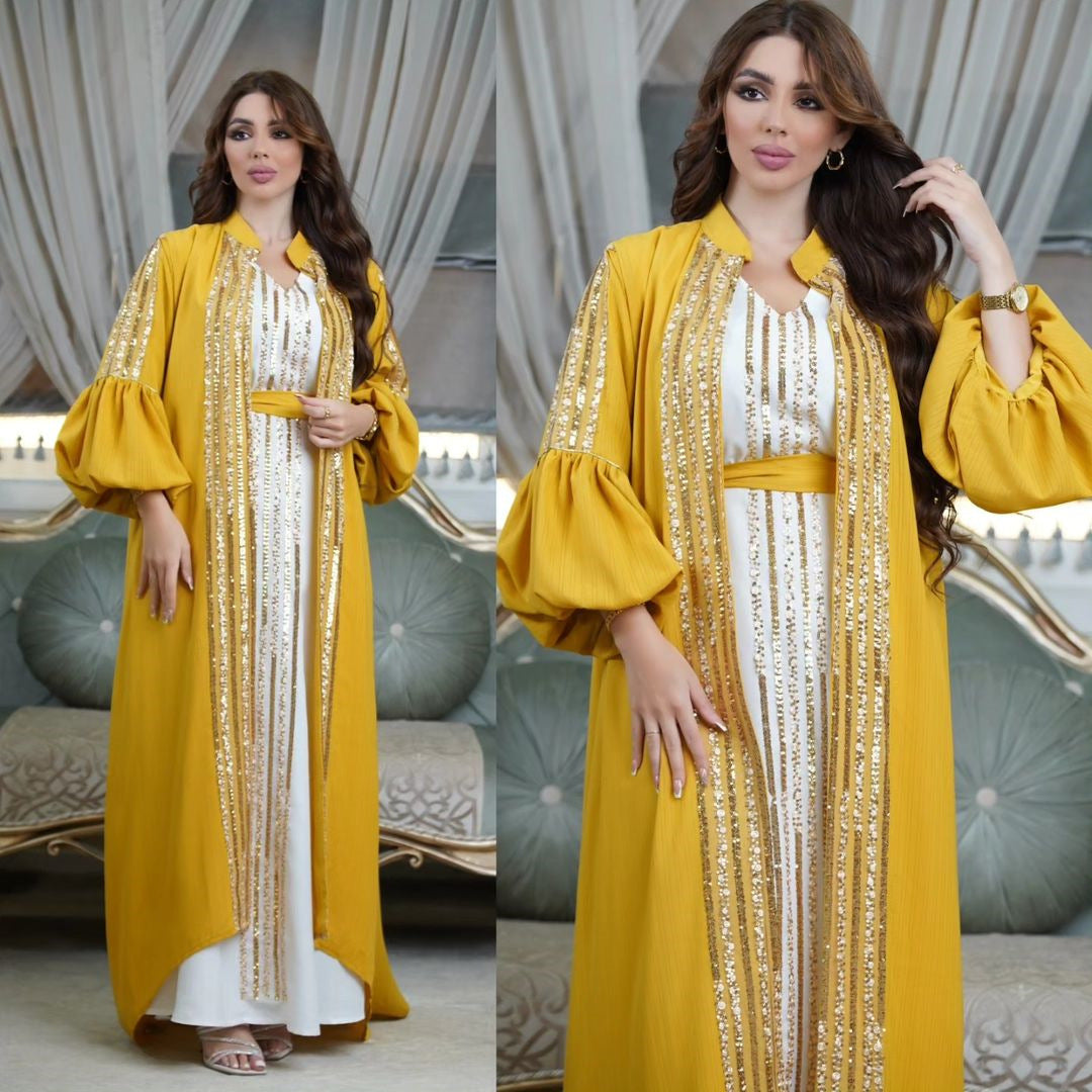 BamBam Muslim Fashion Ladies Sequin Embroidered Two-Piece Puff Sleeve Robe Dress - BamBam