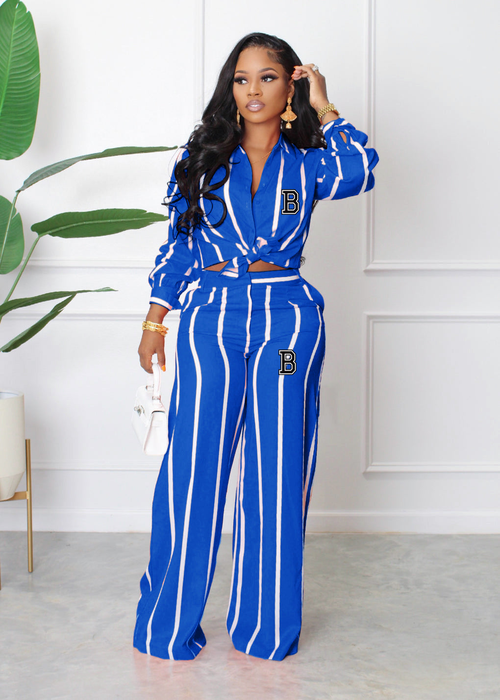 BamBam Women's Printed Striped Long-Sleeved Shirt Loose Straight Pants Set Two-Piece Set - BamBam Clothing