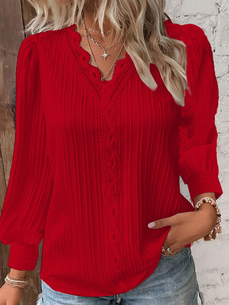 BamBam Women Autumn Long Sleeve V Neck Lace Shirt - BamBam