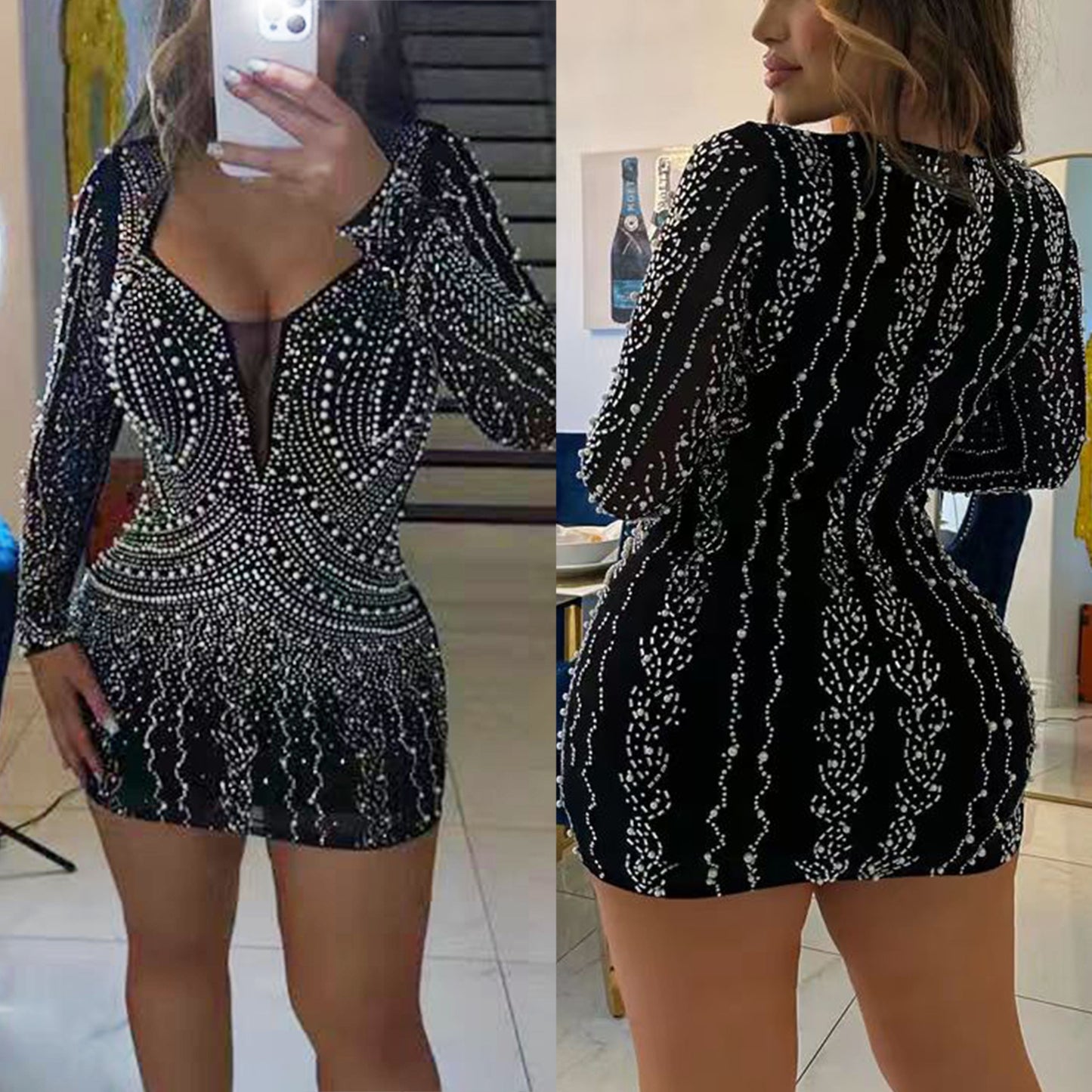 BamBam Autumn and Winter Women's Sexy Mesh Patchwork Beaded Long Sleeve Nightclub Party Dress - BamBam Clothing Clothing