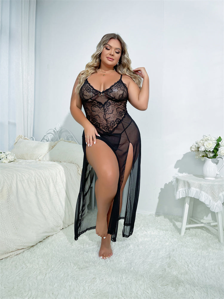 BamBam Women's Lace Sexy Dress Pajamas Temptation Charming Deep V Slit Suspender Nightdress - BamBam