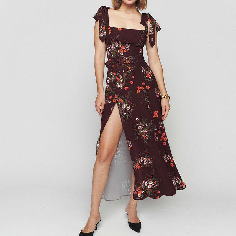 BamBam Summer Women's Sweet Style Slim-Fit Floral Slit Strap Dress - BamBam