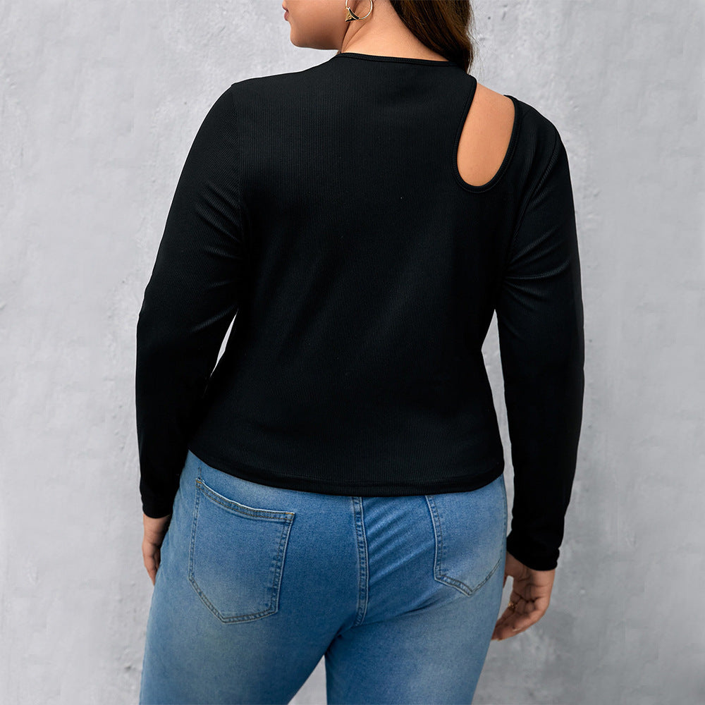 BamBam Plus Size Women's Black Ribbed Knitting Shirt Round Neck Long Sleeve Slim Fit Basics Hollow Top - BamBam