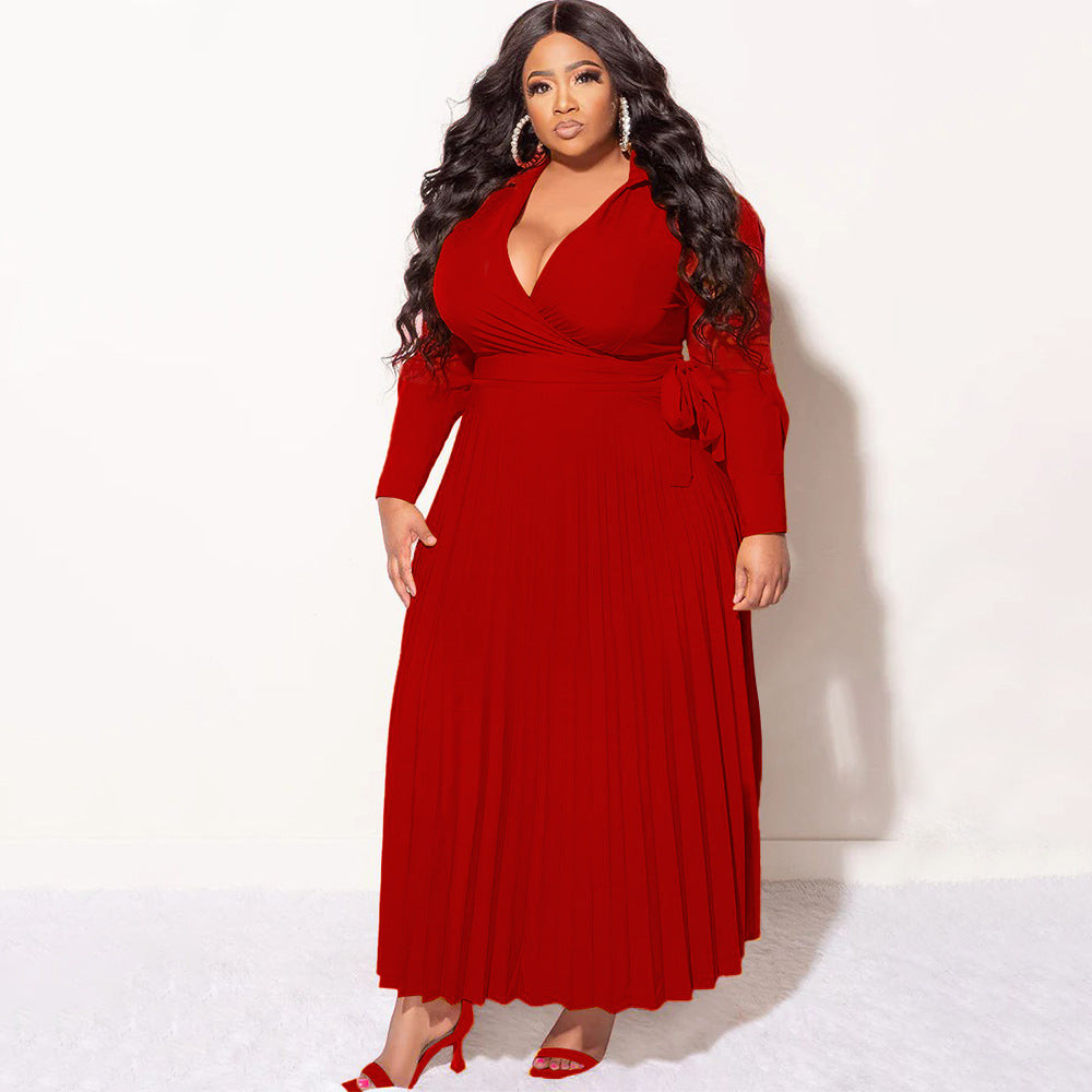 BamBam Plus Size Women V-Neck Tie Long Sleeve Pleated Skirt - BamBam