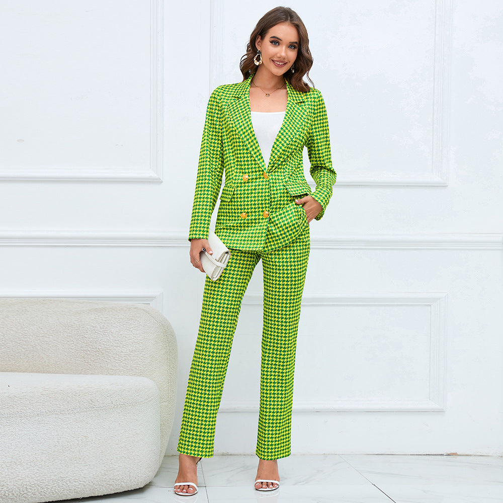 BamBam Women autumn and winter houndstooth double-breasted Blazer+ straight trousers two-piece set - BamBam Clothing