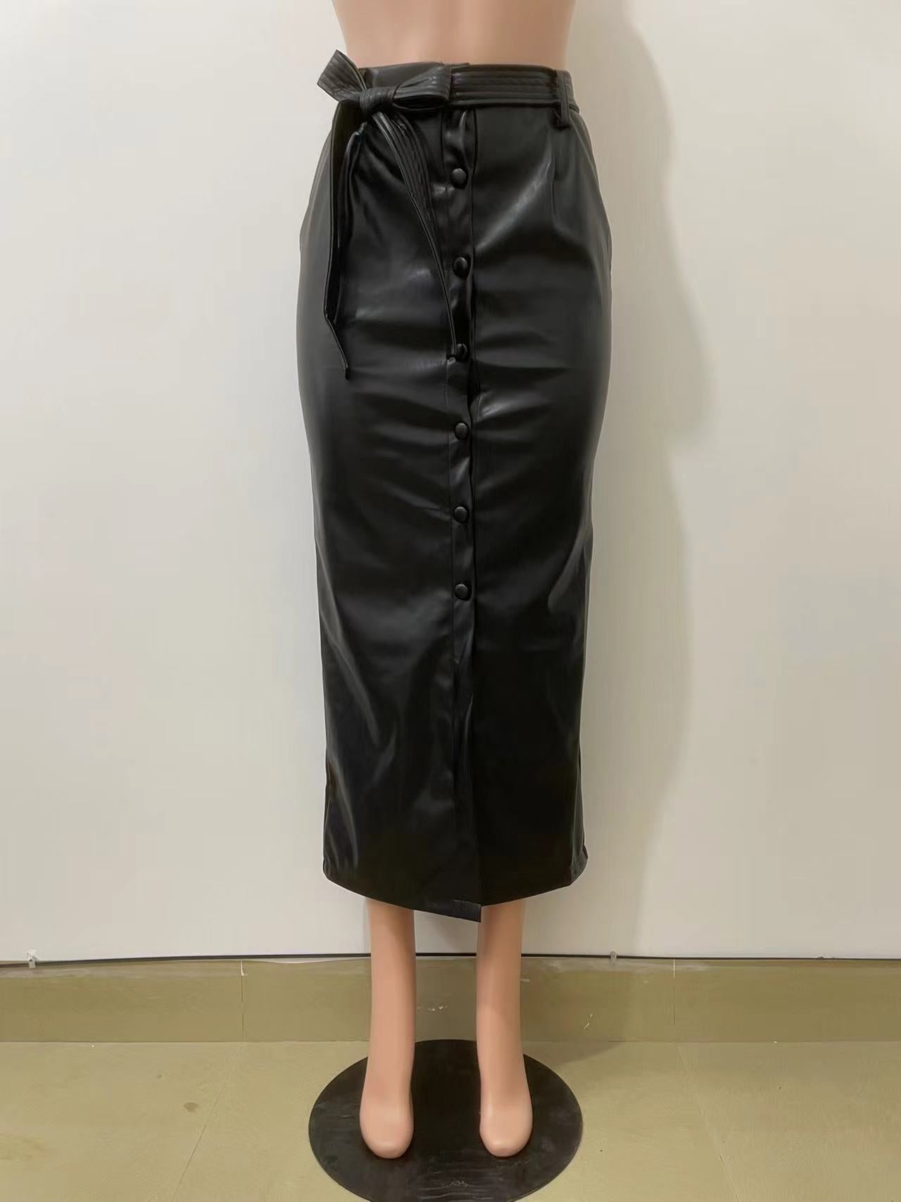 BamBam Autumn And Winter Mid-Length Black Pu Buckle Slit Casual Leather Skirt With Belt - BamBam