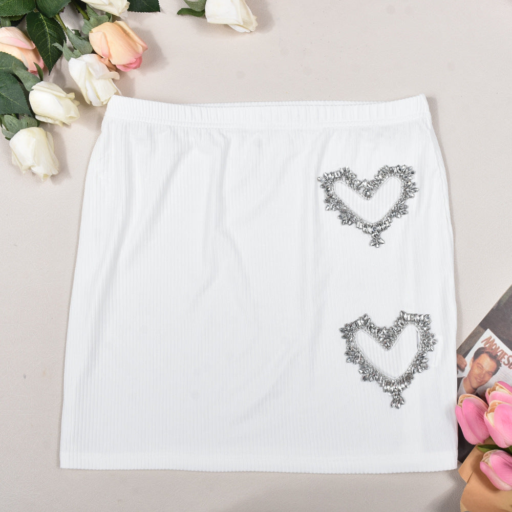 BamBam Heart Rhinestone Hollow Crop Vest Mini Skirt Fashion Casual Women Two Piece Set - BamBam