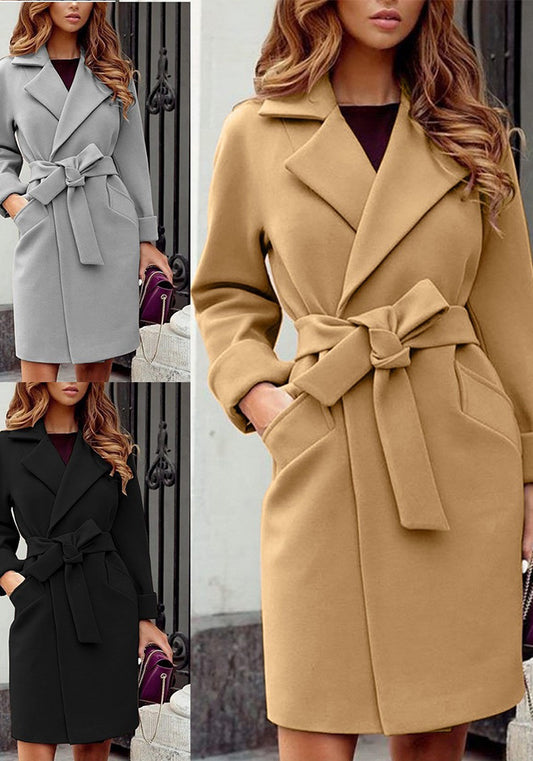 Women Belt Turndown Collar Coat