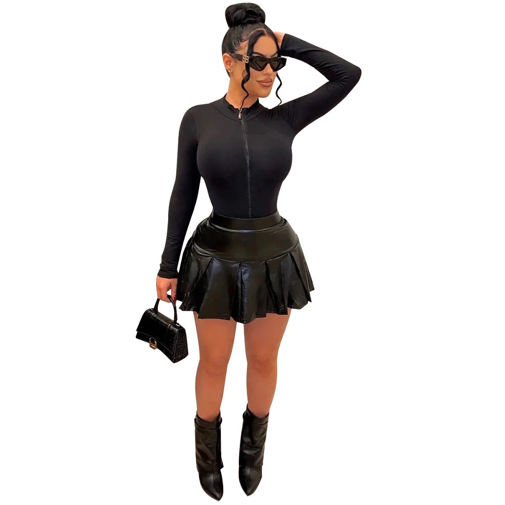 BamBam Fashion Women's Long Sleeve Slim Waist Bodysuit Pu Skirt Two Piece Set - BamBam