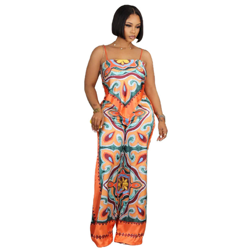 BamBam Women summer printed sexy suspenders Top and straight pants two-piece set - BamBam