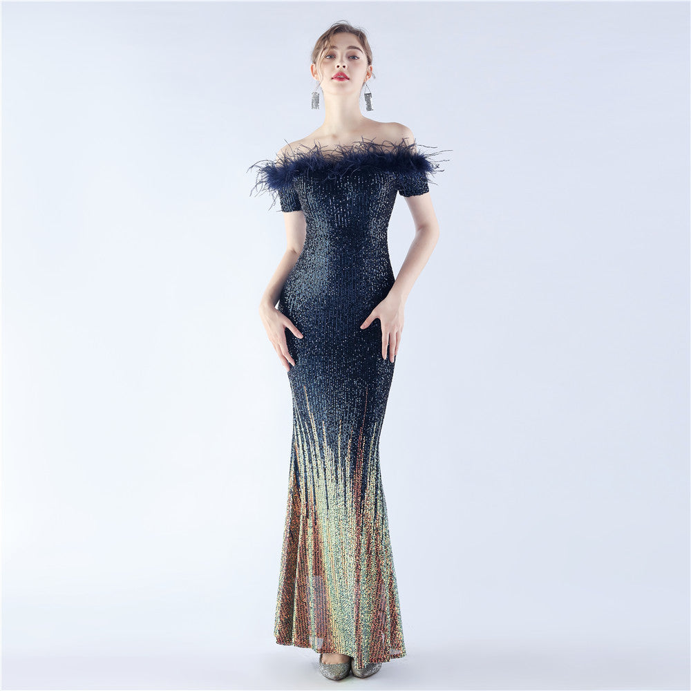 BamBam Women craft ostrich feather gradient sequins Off Shoulder evening dress - BamBam Clothing