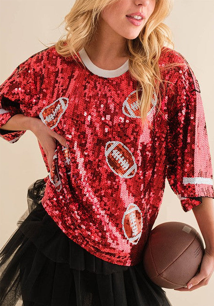 Women Summer Sequined Loose Round Neck Half Sleeve T-Shirt