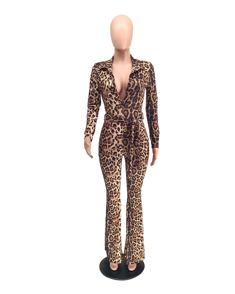 BamBam Women's Autumn Sexy Leopard Print Wide Leg Jumpsuit - BamBam Clothing