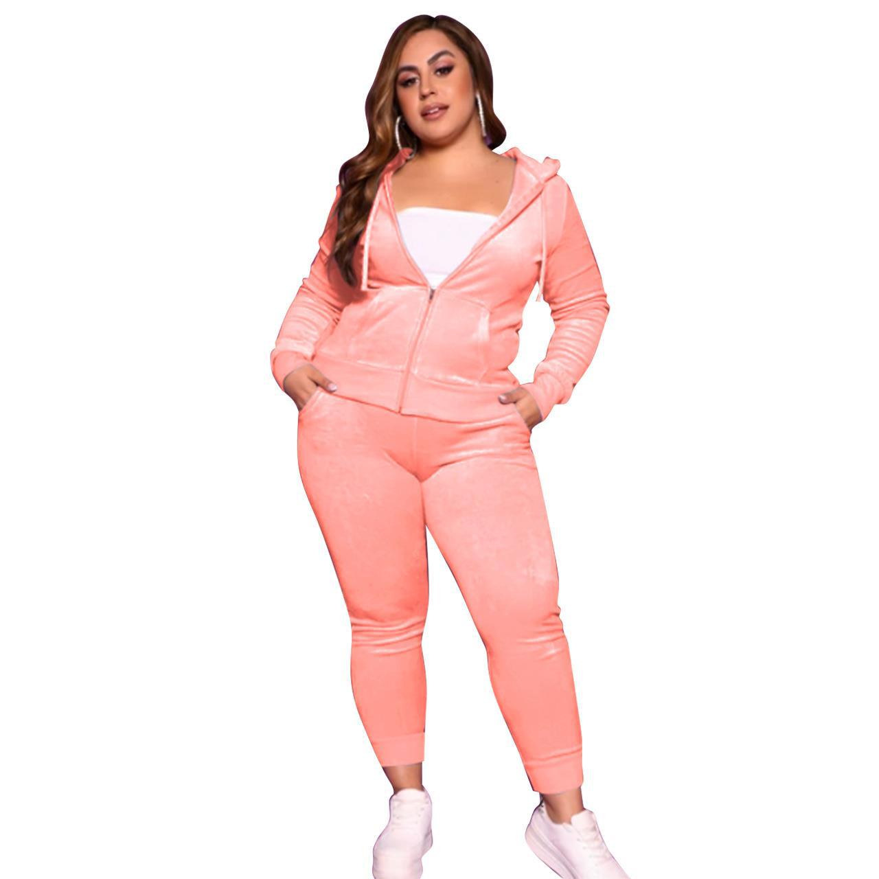 BamBam Plus Size Women Fall/Winter Solid Velvet Casual Top and Pant Two-piece Set - BamBam