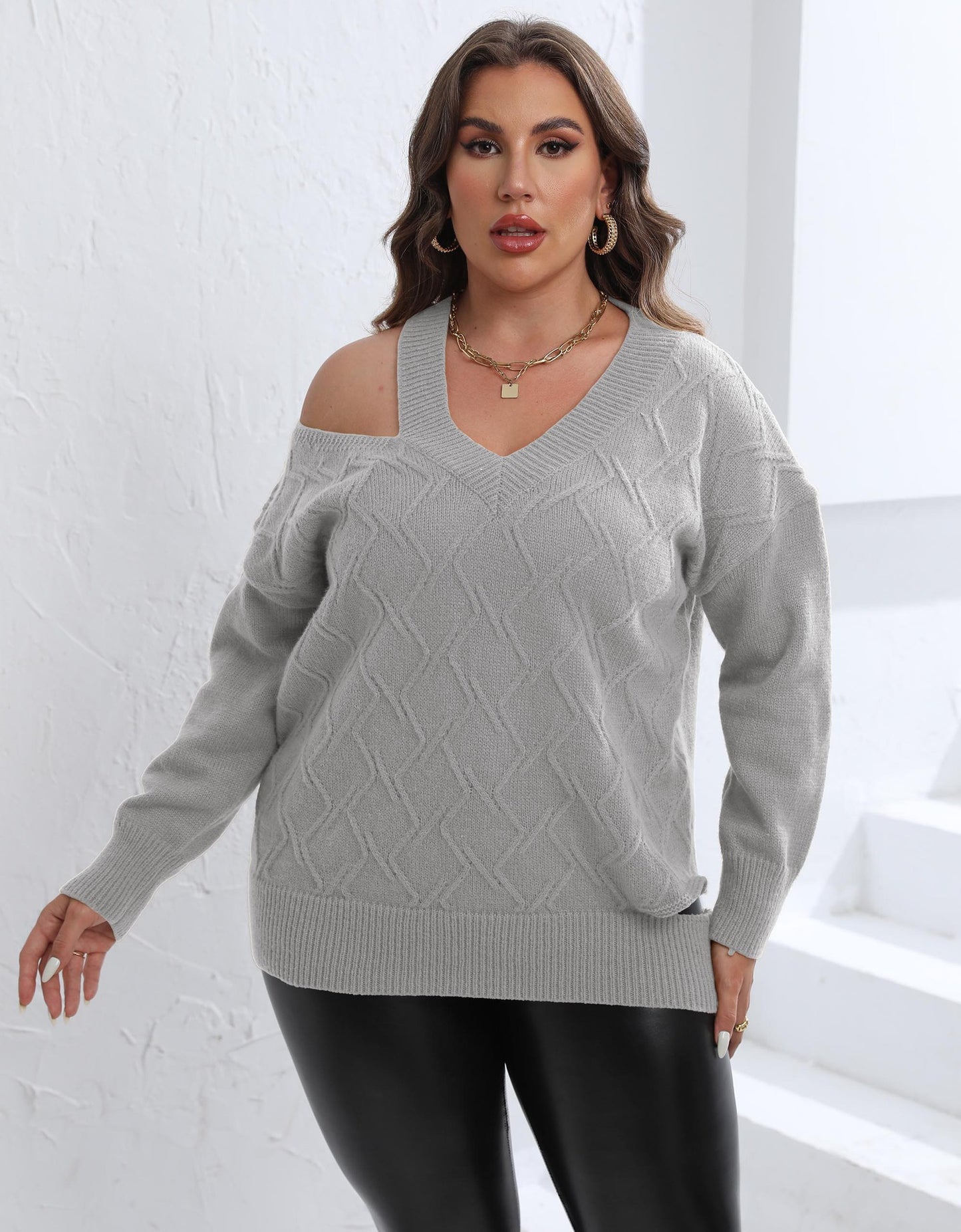 BamBam Women's Fall Winter Pullover Tops Plus Size Women's Style Cutout Shoulder Knit V Neck Sweater - BamBam