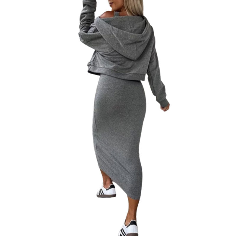 BamBam Women winter sleeveless hooded Top and Skirt two-piece set - BamBam