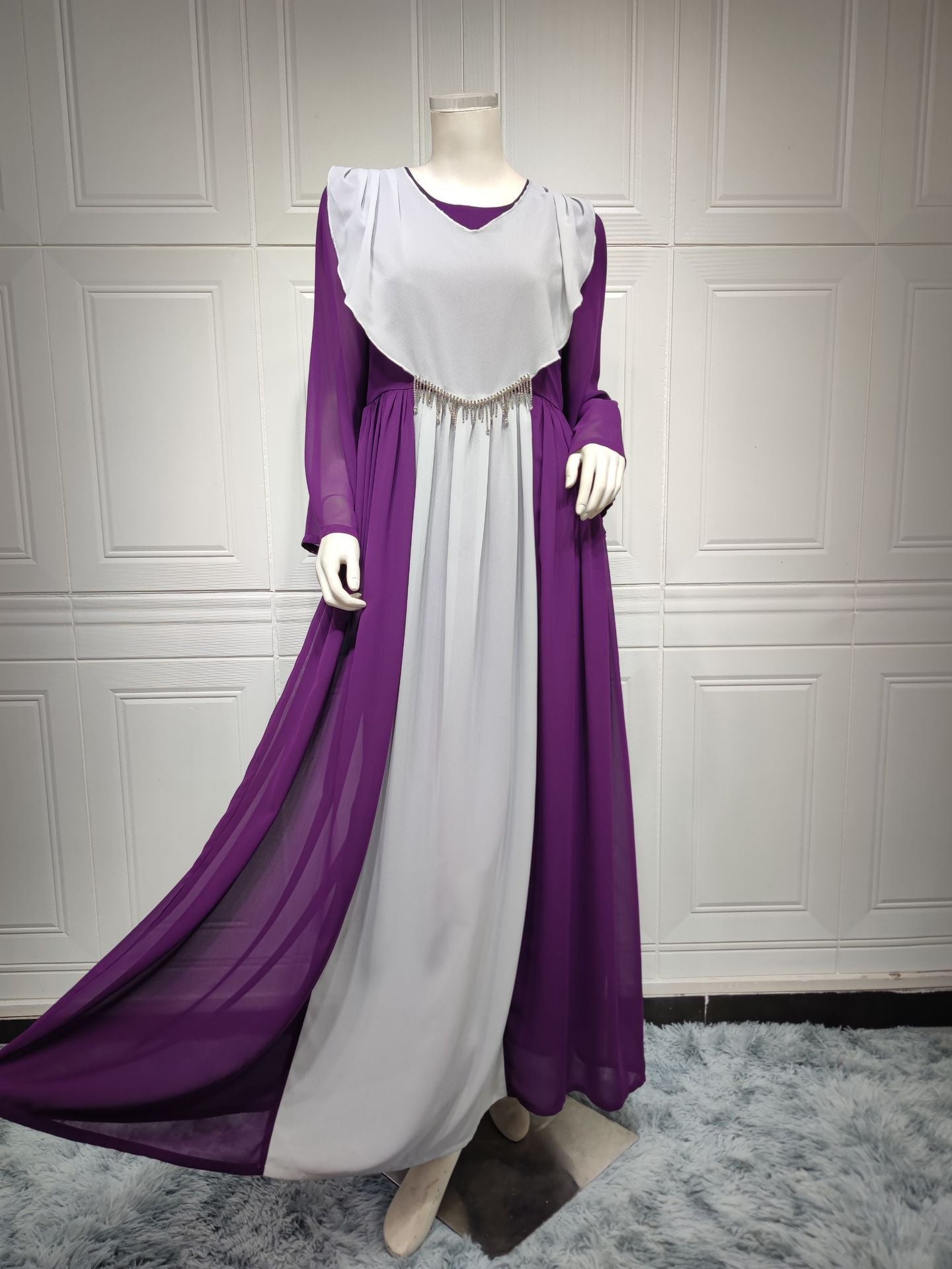 BamBam Muslim chiffon Contrast Long sleeve mesh Long Gown - BamBam