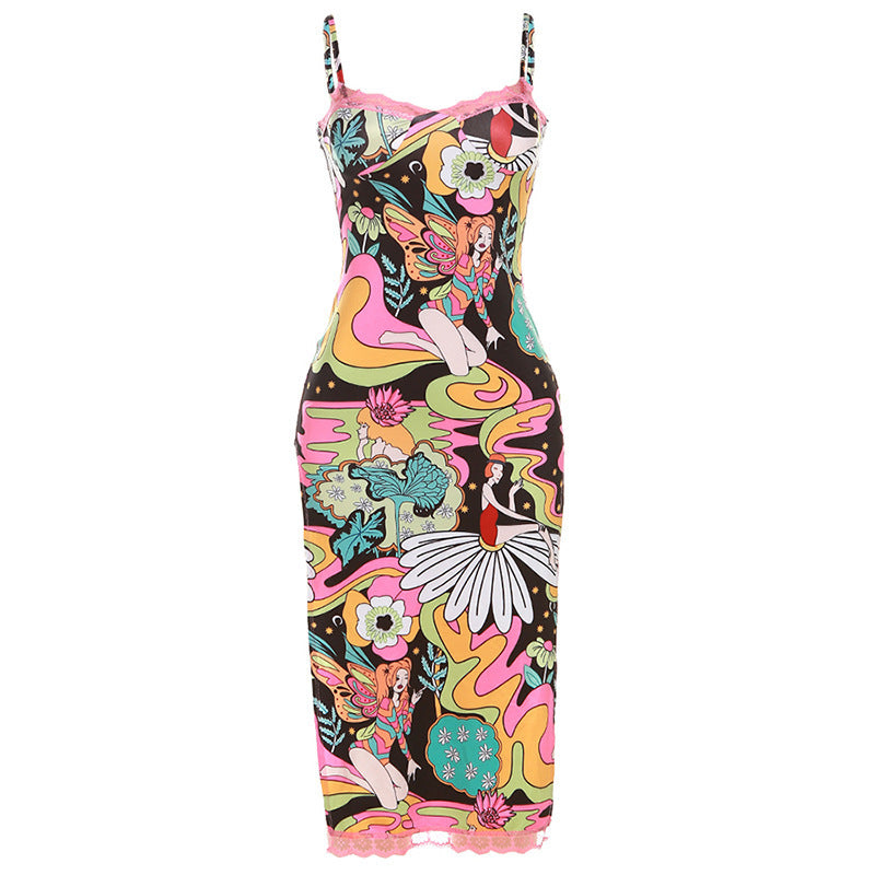 BamBam Women's Lace Edge Summer Print Sexy Straps Slit Dress - BamBam