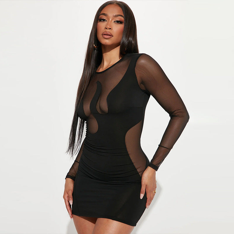 BamBam Women's Summer Fashion Sexy Mesh Patchwork Hollow Long Sleeve Slim Dress - BamBam Clothing