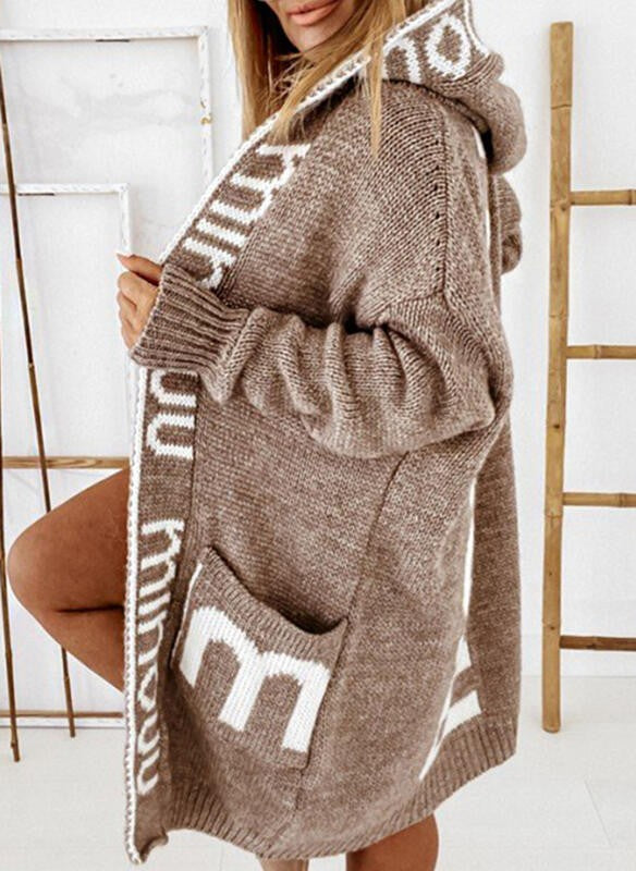 BamBam Autumn And Winter Coat Loose Hooded Pocket Letter Knitting Cardigan Coat - BamBam