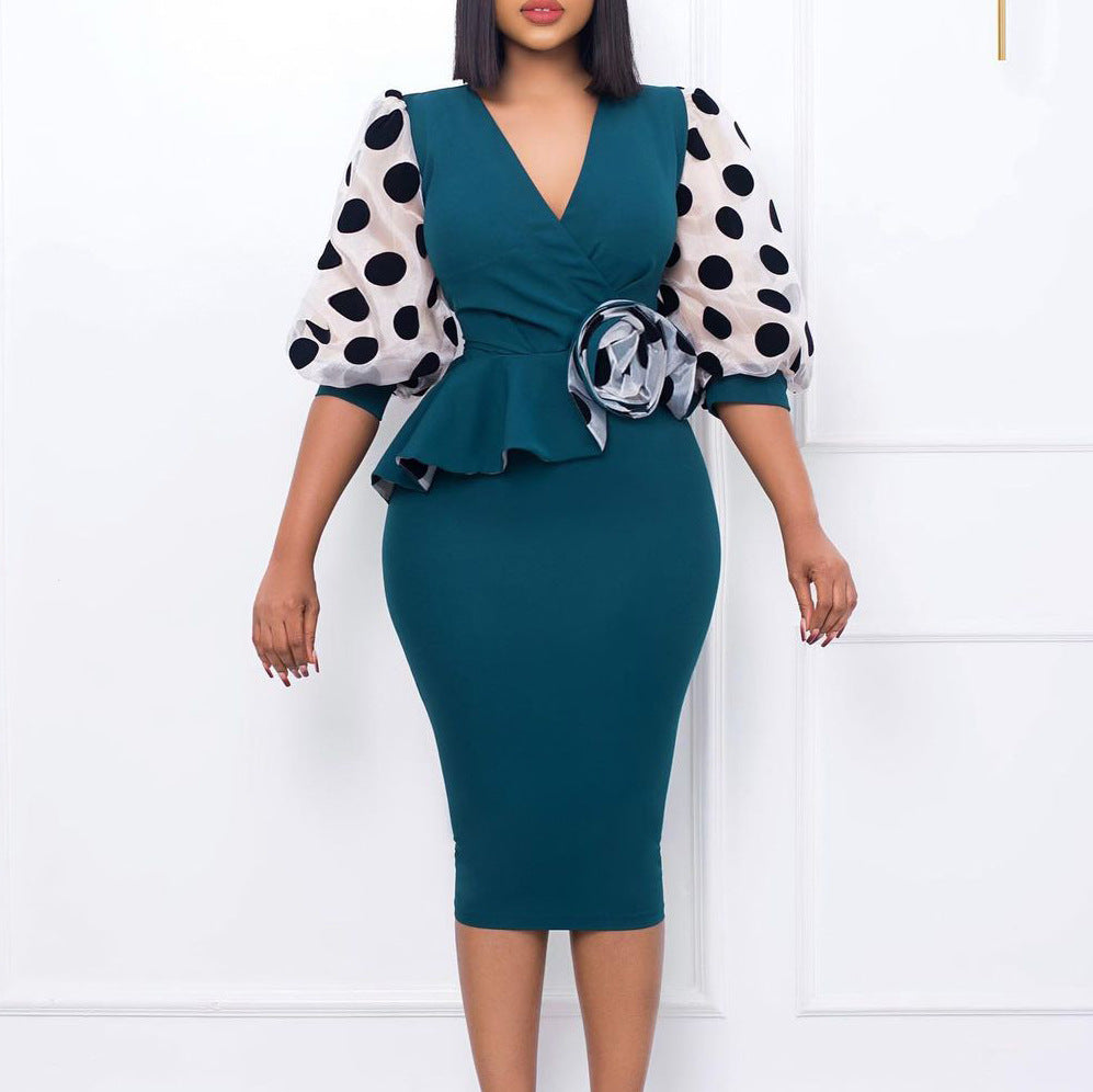 BamBam Plus Size Women'S Fashion Dot Mesh Patchwork V Neck Chic Career Bodycon Dress - BamBam