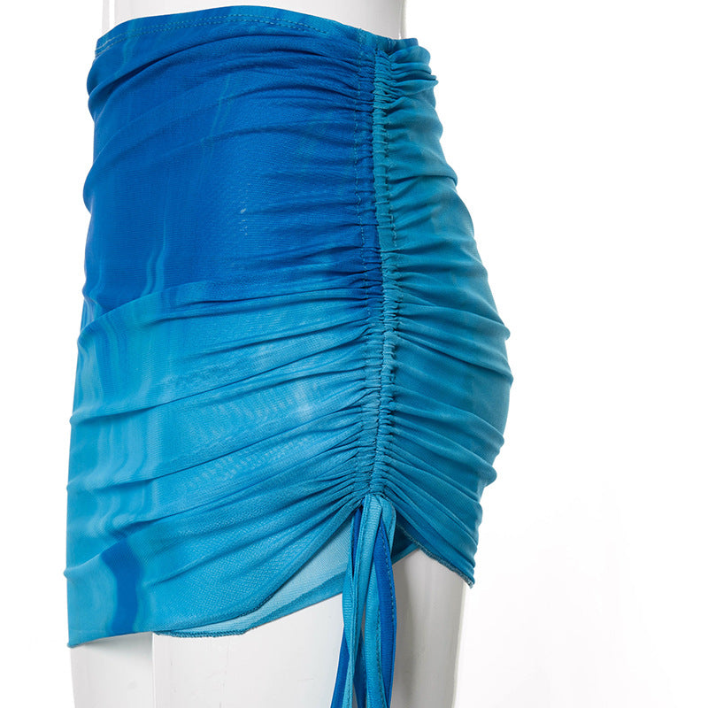 BamBam Ladies Spring Tie Dye Printed V-Neck Crop Pleated Mesh Skirt Suit Women - BamBam