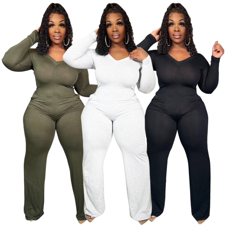 BamBam Spring Plus Size Casual Green V Neck Pockets Long Sleeve Jumpsuit - BamBam Clothing